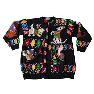 Vtg Y2K 2000s 90s Berekz Hand Knit Argyle Dog Cardigan Sweater Sz L